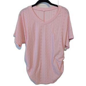 Women’s Pink Eyelet Short Sleeve Top | Crew Neck | Side Ruching | Medium
